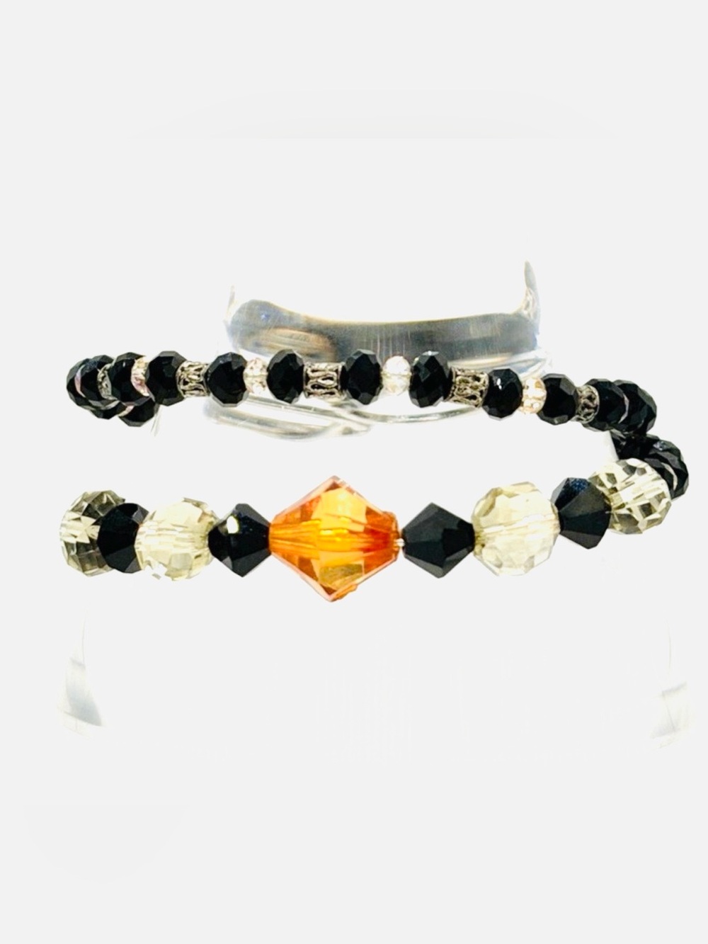 Artesian Memory Wire Wrap Bracelet Black Clear Orange Glass Bead Womans Jewelry
